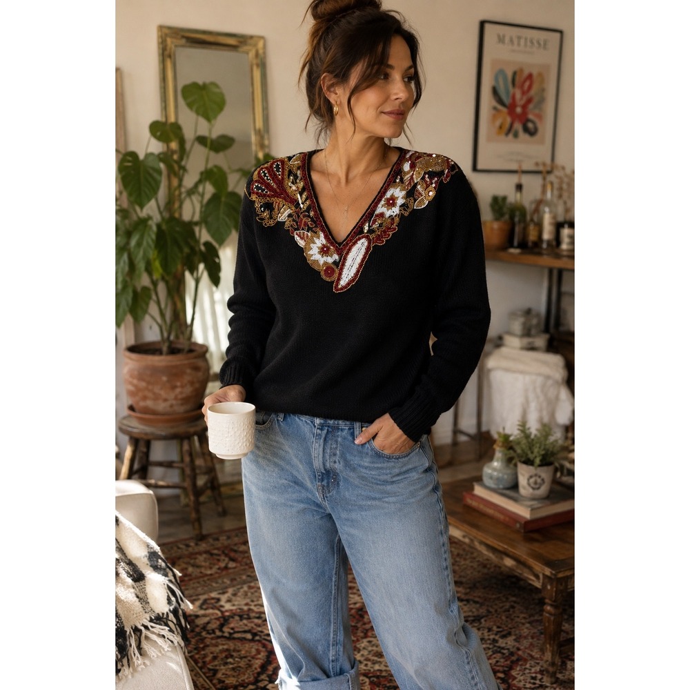 Vintage Eminent Embellished Beaded Sequin Knit Sweater Black Glam Women's L